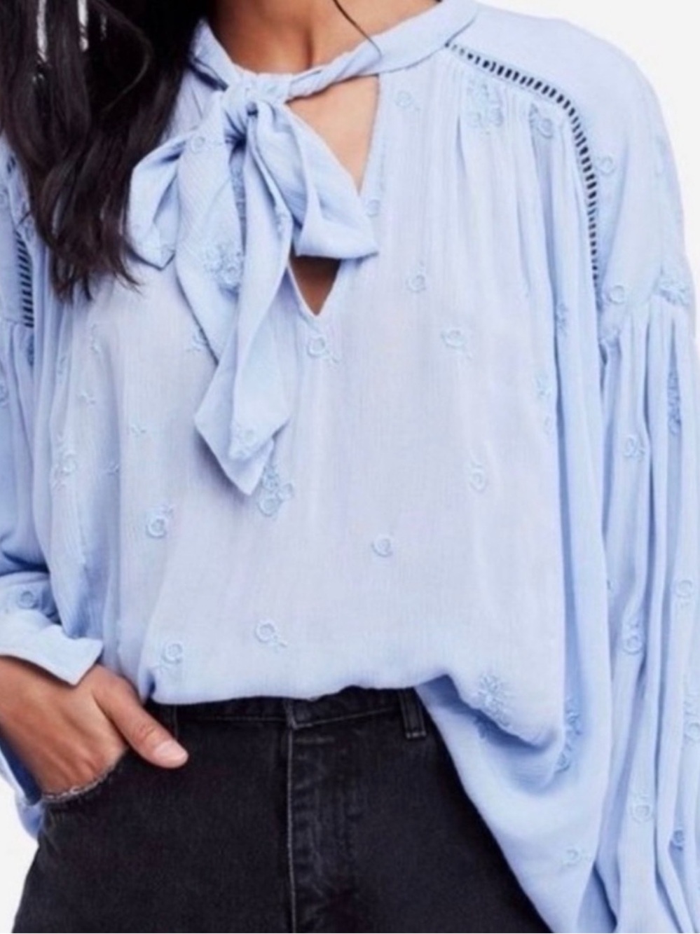 #875 FREE PEOPLE Wishful Moments Light Blue Tie-Neck Embroidered Peasant Blouse